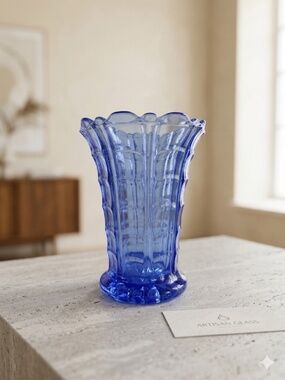 Blue Art Deco Style Glass Vase — Fluted, Scalloped Rim, Footed